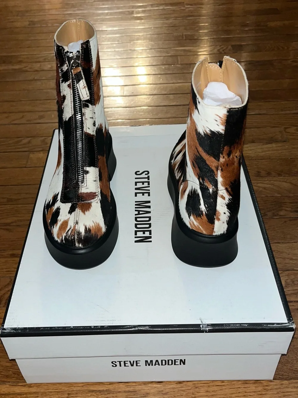 Steve Madden Jones Bootie Black, Brown & White Cow Print Calf Hair Women’s 6